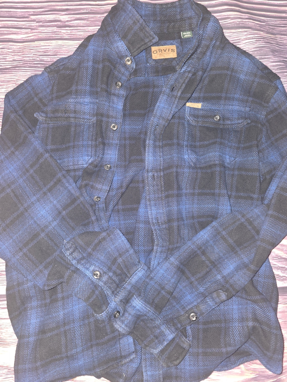 Orvis Men's Blue and Black Plaid Flannel Shirt